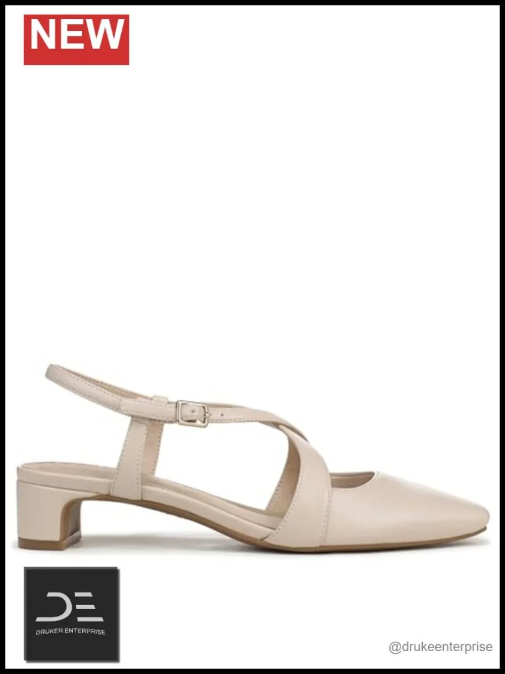 Strappy Slingback Pumps with Block Heel - Faux Leather Square Toe